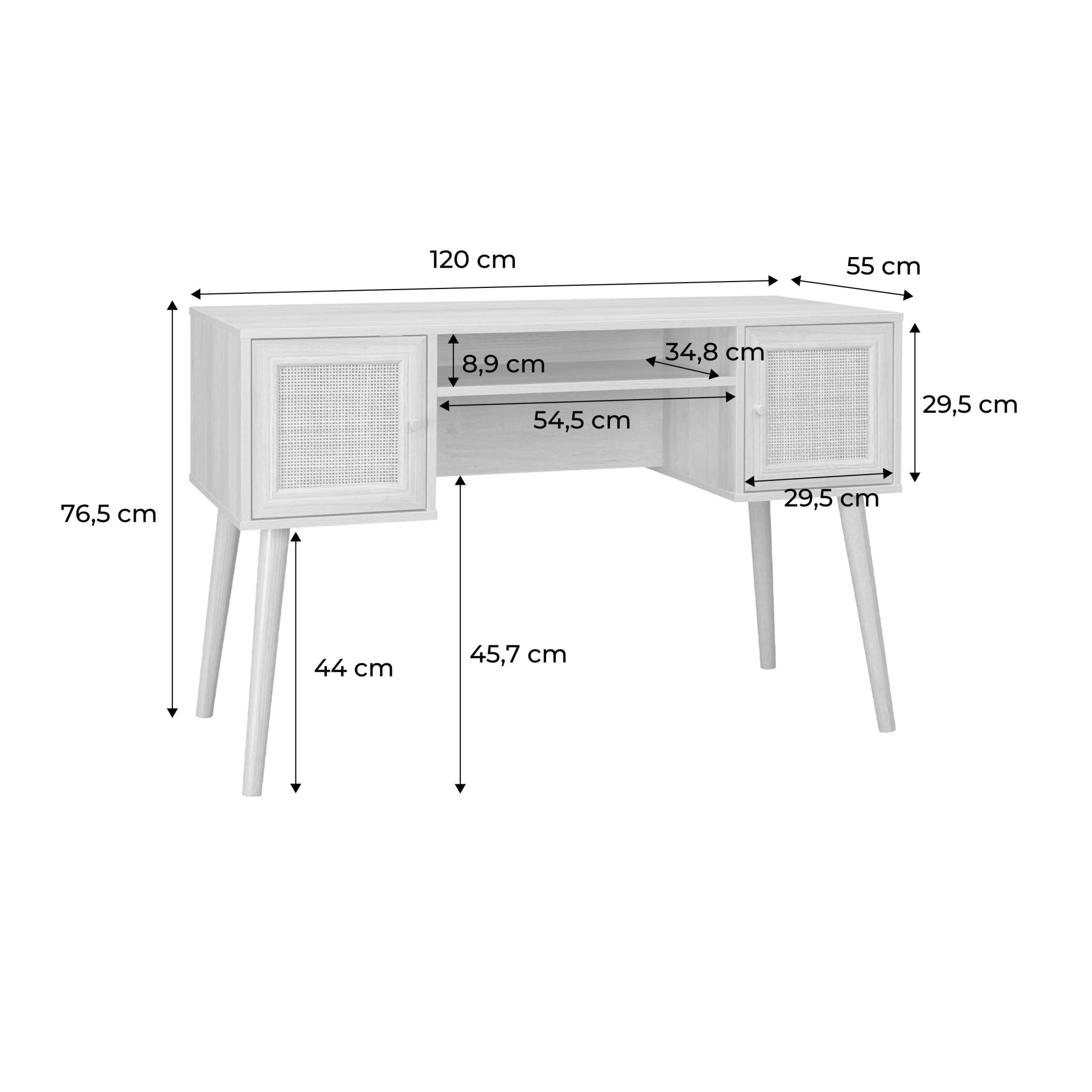 Bureau cannage et décor bois foncé avec 2 portes. 1 casier ouvert. pieds compas