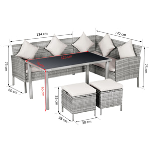 Salon de jardin 6 pers. canapé d'angle + 2 poufs + table à manger résine tressée gris