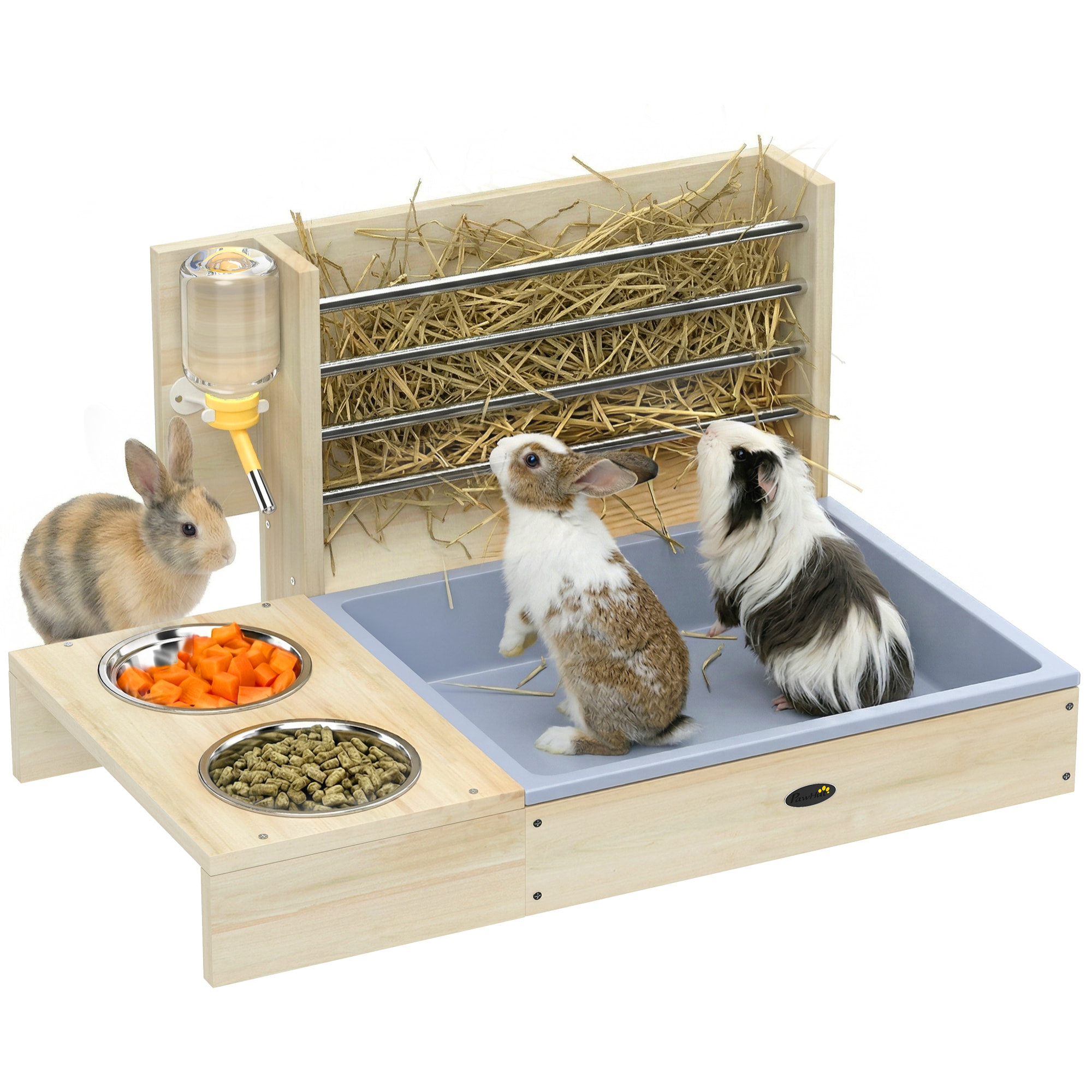 Comedero de Heno para Conejos con Bandeja, Alimentador de Heno de Madera con Cuenco de Acero Inoxidable y Botella de Agua, para Cobayas, Chinchillas, Gran Capacidad y Prevención de Residuos