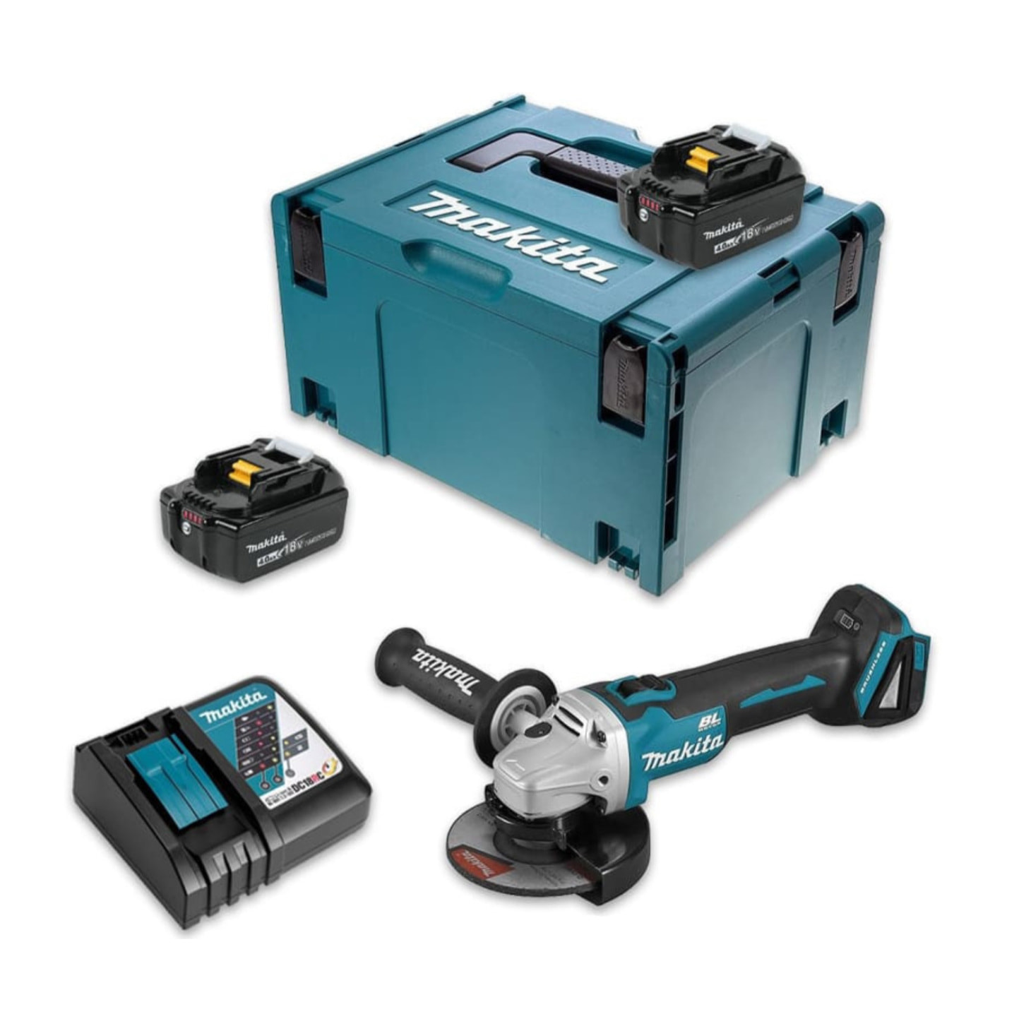 Meuleuse Ø 125 mm 18 V Li-Ion -MAKITA - avec 2 batteries 4Ah 18V - chargeur - MAKPAC - DGA504RMJ