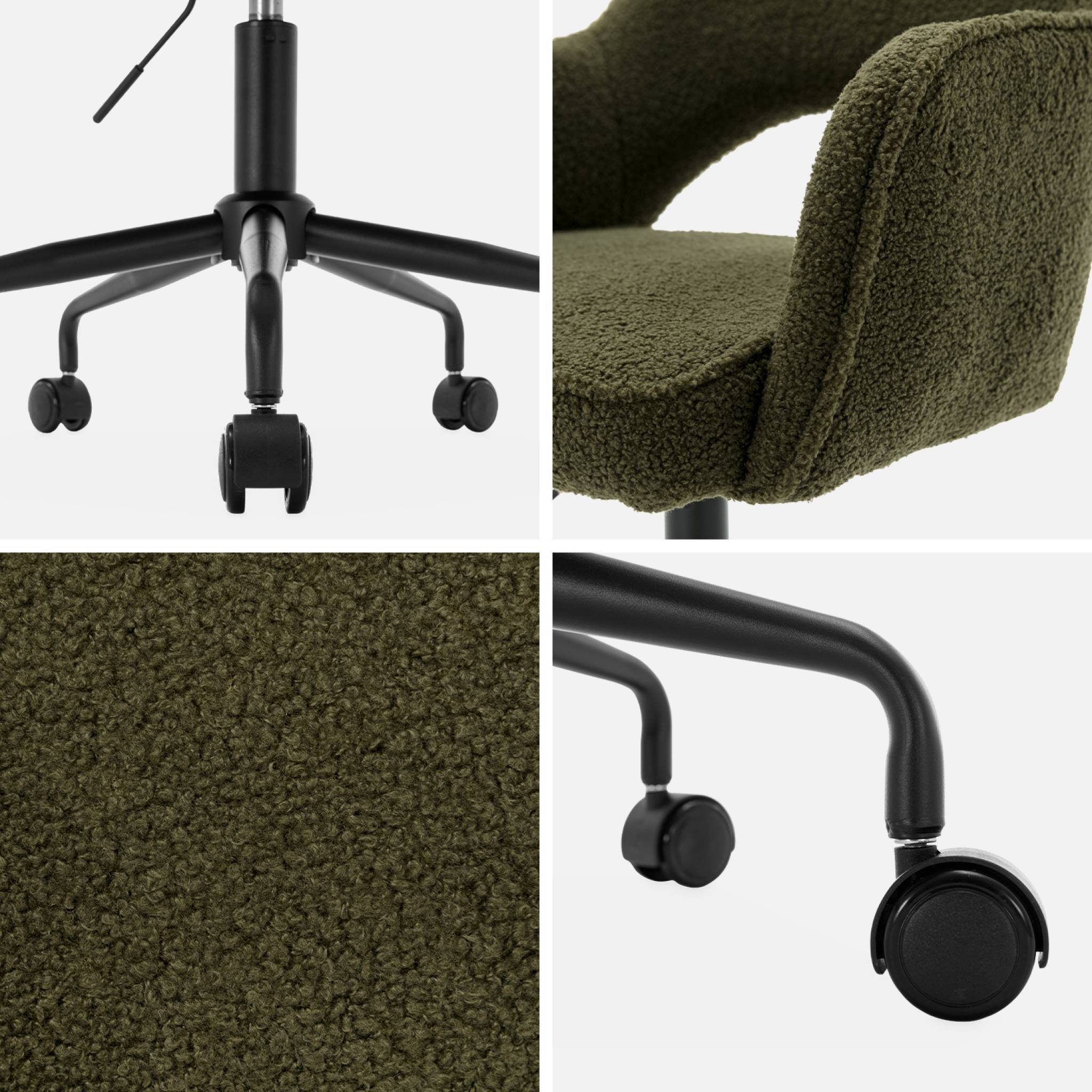 Chaise de bureau à roulettes bouclettes kaki foncé. Jim. L 60 x P 62 x H 89 / 99cm.