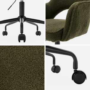 Chaise de bureau à roulettes bouclettes kaki foncé. Jim. L 60 x P 62 x H 89 / 99cm.