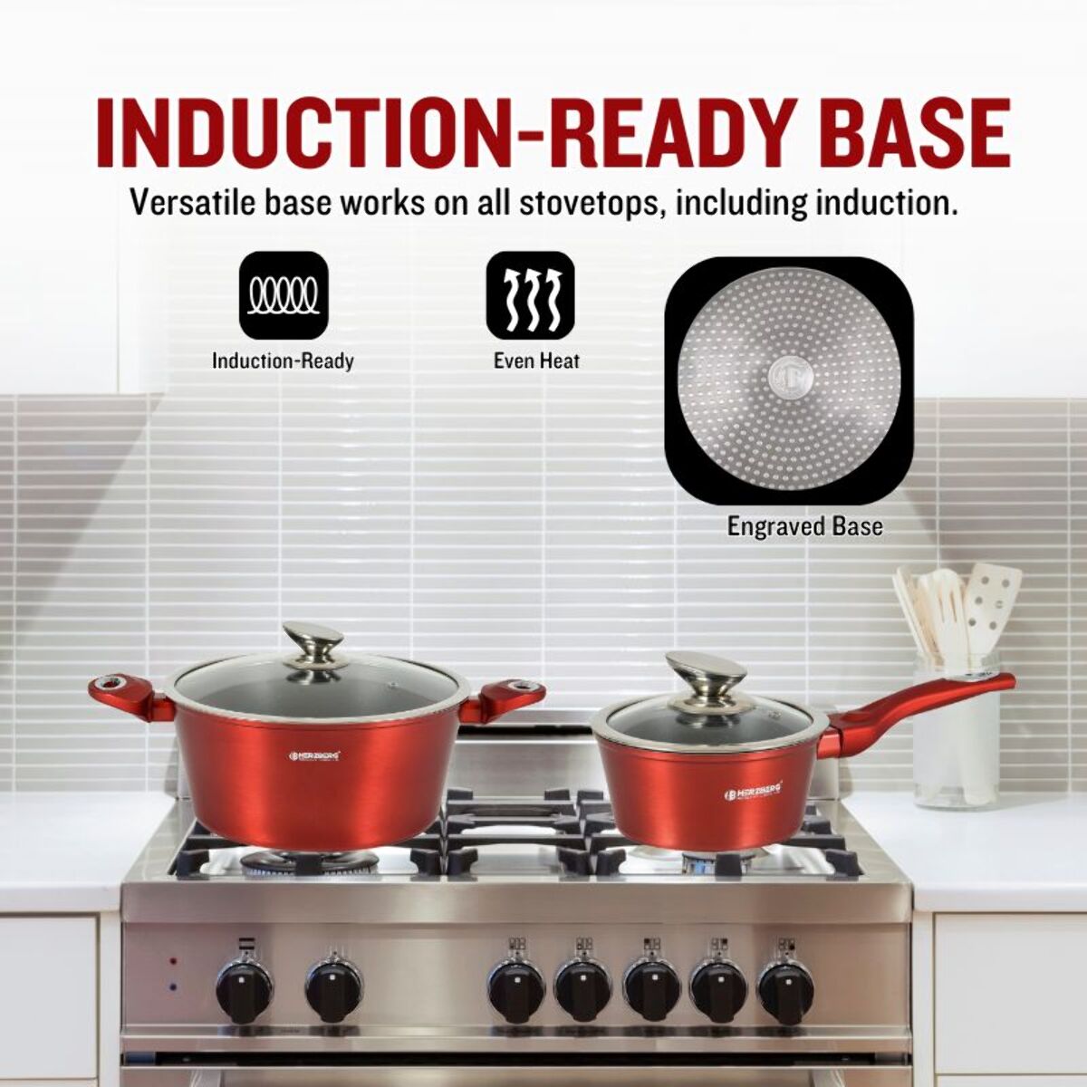 Batterie de cuisine 15 pièces avec revêtement en marbe Rouge Herzberg HGMETRD15-RED
