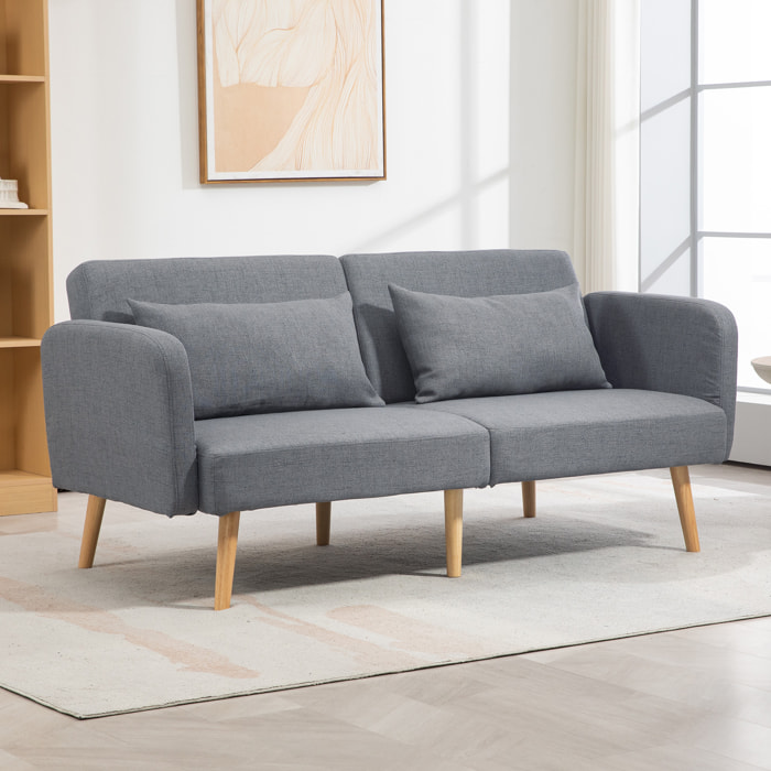 Canapé convertible 3 places design scandinave - dossier inclinable, accoudoirs réglables - 2 coussins déco - tissu gris