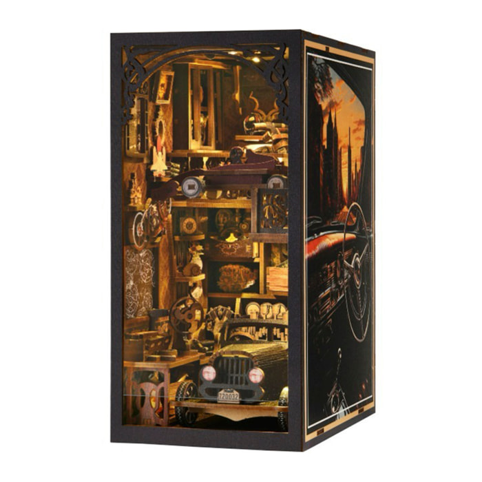 Collezionisti di auto. Book Nook in legno, design 3D realistico con grande dettaglio, copertura e luci a LED. 455 pezzi.