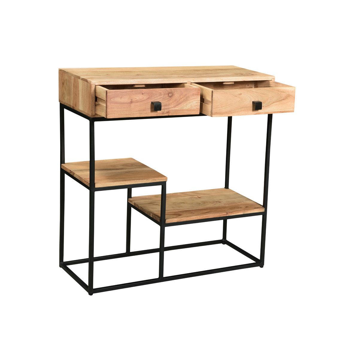 Console avec rangements 2 tiroirs en bois massif et métal noir L80 cm GRENELLE