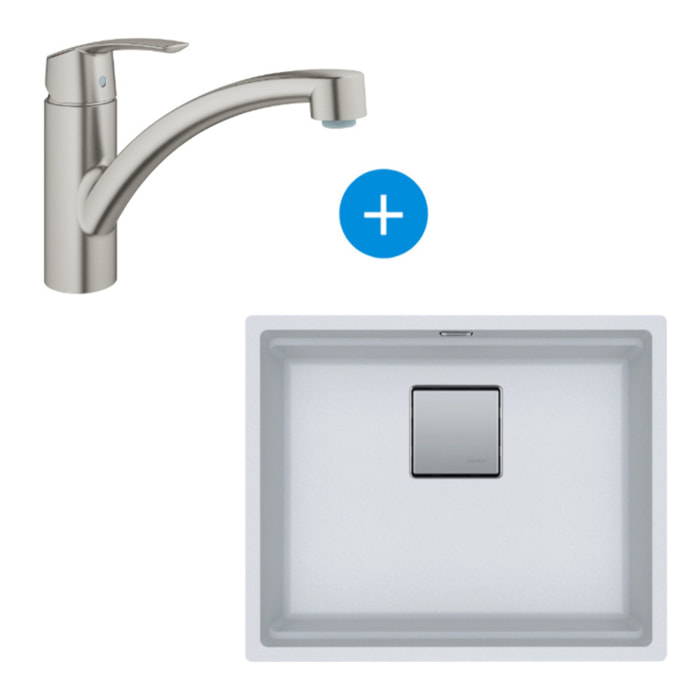 Set Kubus Evier sous plan 56x46cm Fragranit+, Blanc Glace + Mitigeur Grohe Monocommande SuperSteel (125.0512.506-DC1)