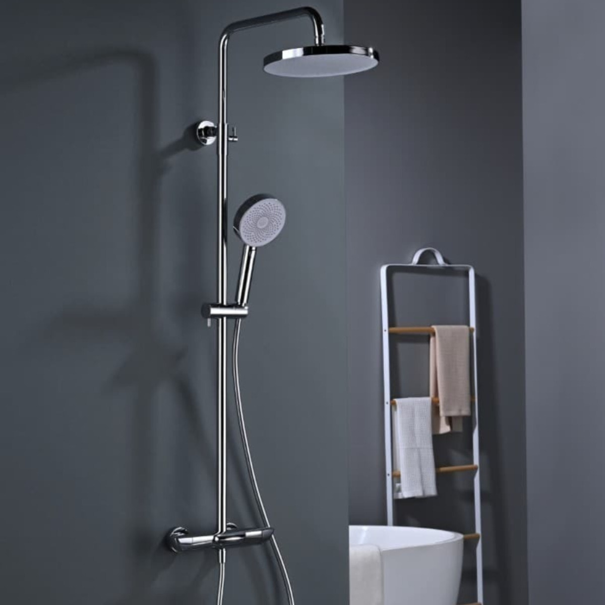 Ensemble bain/douche 3 jets avec mitigeur thermostatique de baignoire + douche de tête + douchette à main, chrome (SATSSTVK)