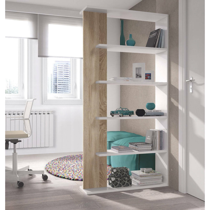 Libreria Eolo, Mobile portalibri bifacciale a 5 ripiani, Scaffale divisorio da ufficio o cameretta, 90x25h180 cm, Bianco e Rovere