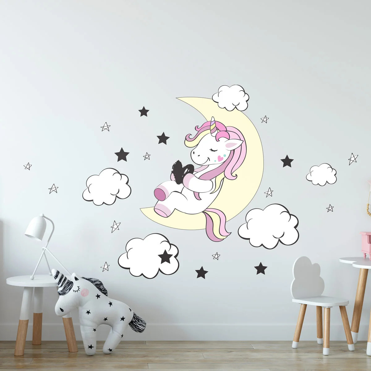 Sticker mural - Ambiance Sticker - LICORNE AMI DE LA LUNE ET DES ÉTOILES - 135x90cm