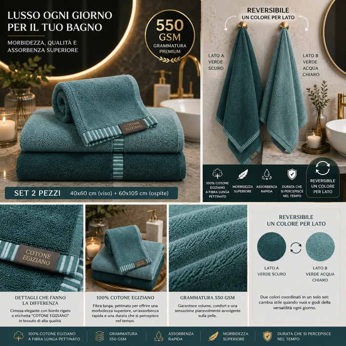 COTONE EGIZIANO Coppia asciugamani Reverse in cotone egiziano 550 gr_Tiffany Smerald