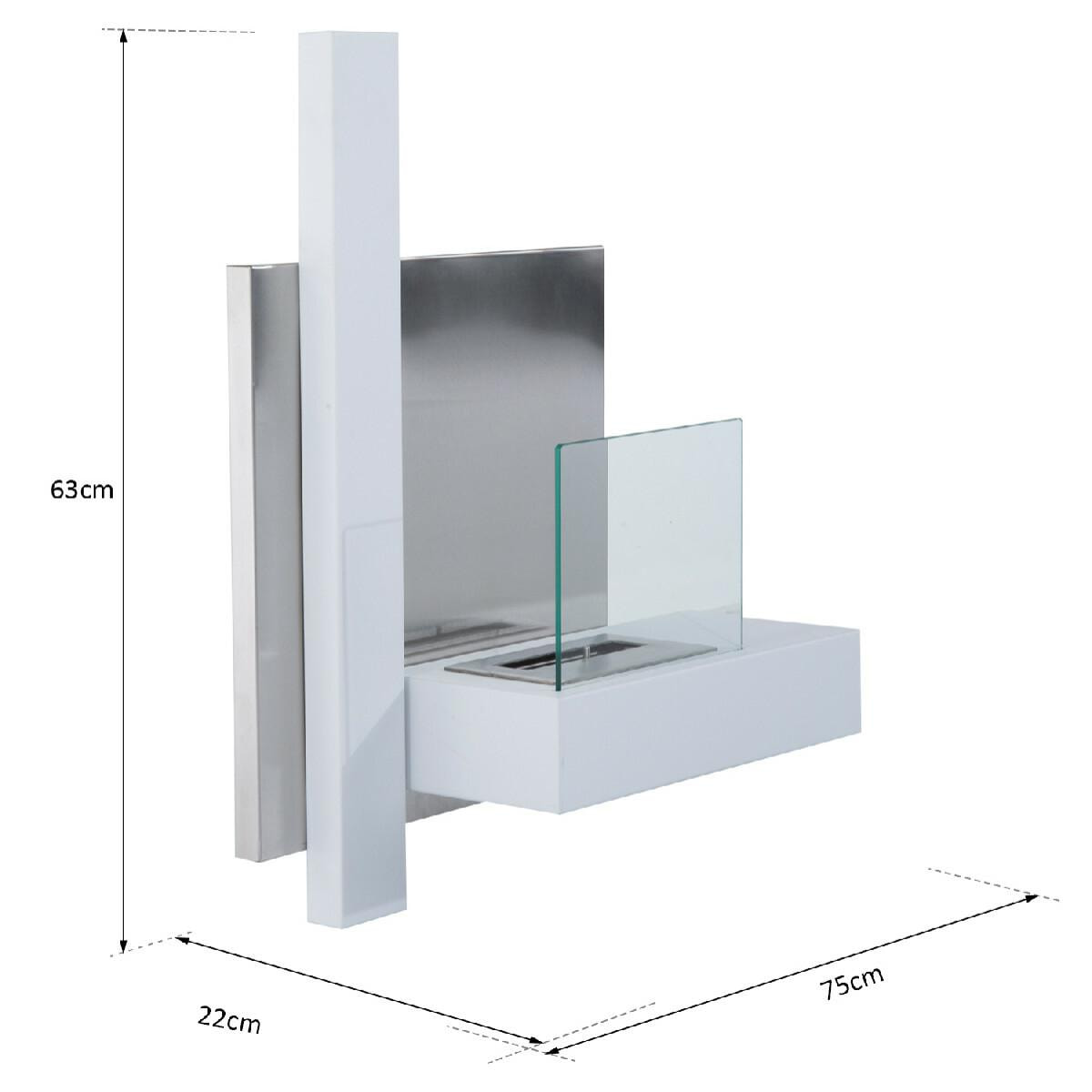 Cheminée bioéthanol murale design Bauhaus 1 brûleur 1,5 L 75L x 22l x 63H cm couverture 20-25 m² acier blanc inox. brossé