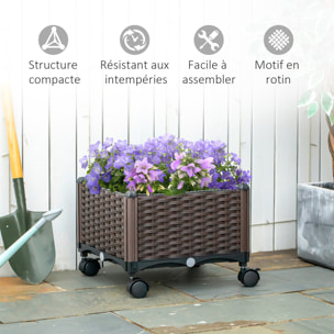 Jardinière sur roulettes dim. 40L x 40l x 31H cm insert d'irrigation plastique imitation rotin tressé chocolat