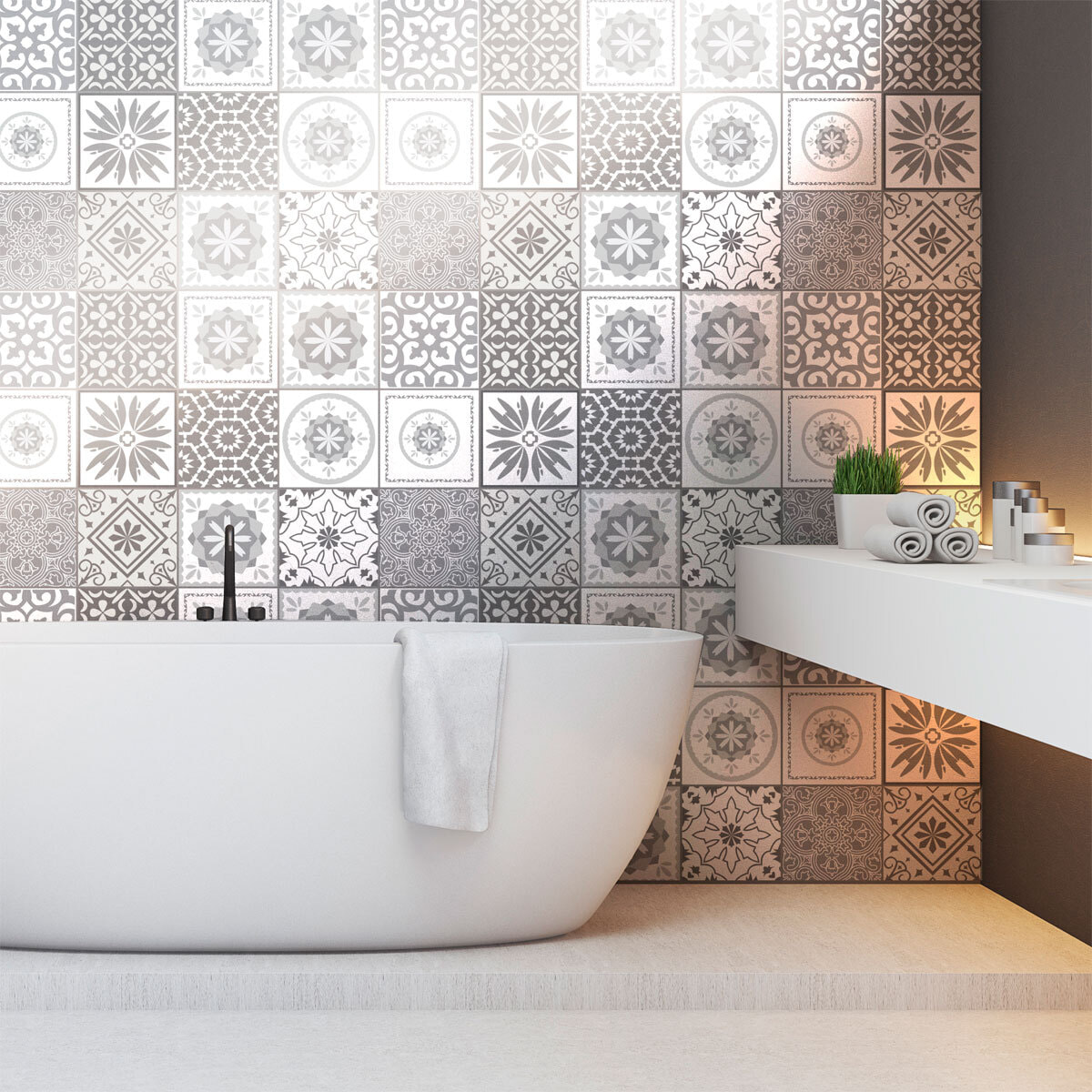 Stickers muraux - Sticker Mural Carrelage adhésif Cuisine Salle de Bain - 12 STICKERS CARREAUX DE CIMENT NUANCES DE GRIS CORDOBA