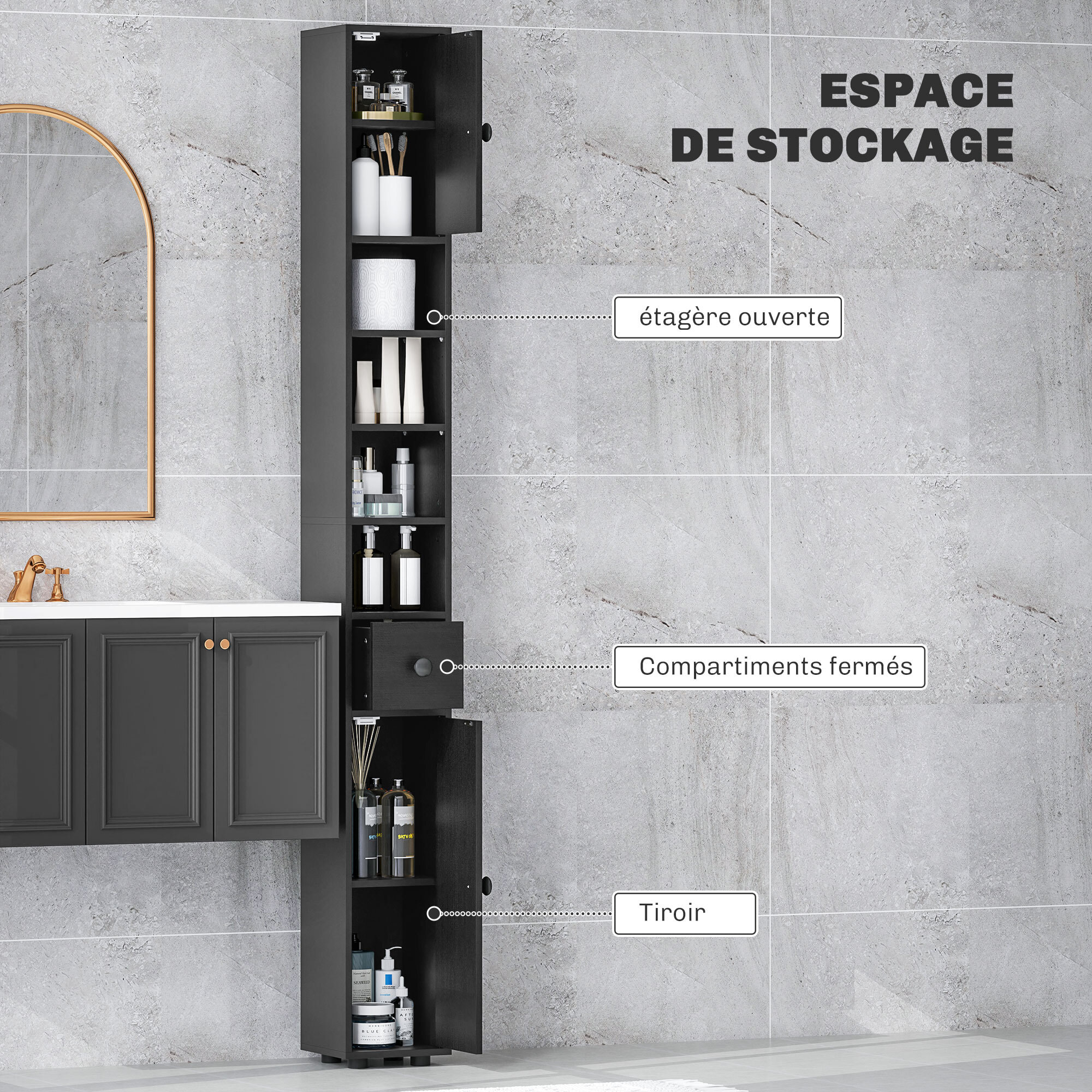 Meuble colonne salle de bain 2 portes 2 étagères 4 niches tiroir poignées métal noir