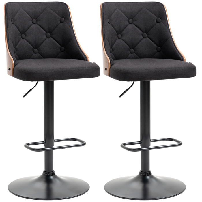 Lot de 2 tabourets de bar design vintage Chesterfield réglable pivotant 360° bois acier lin noir