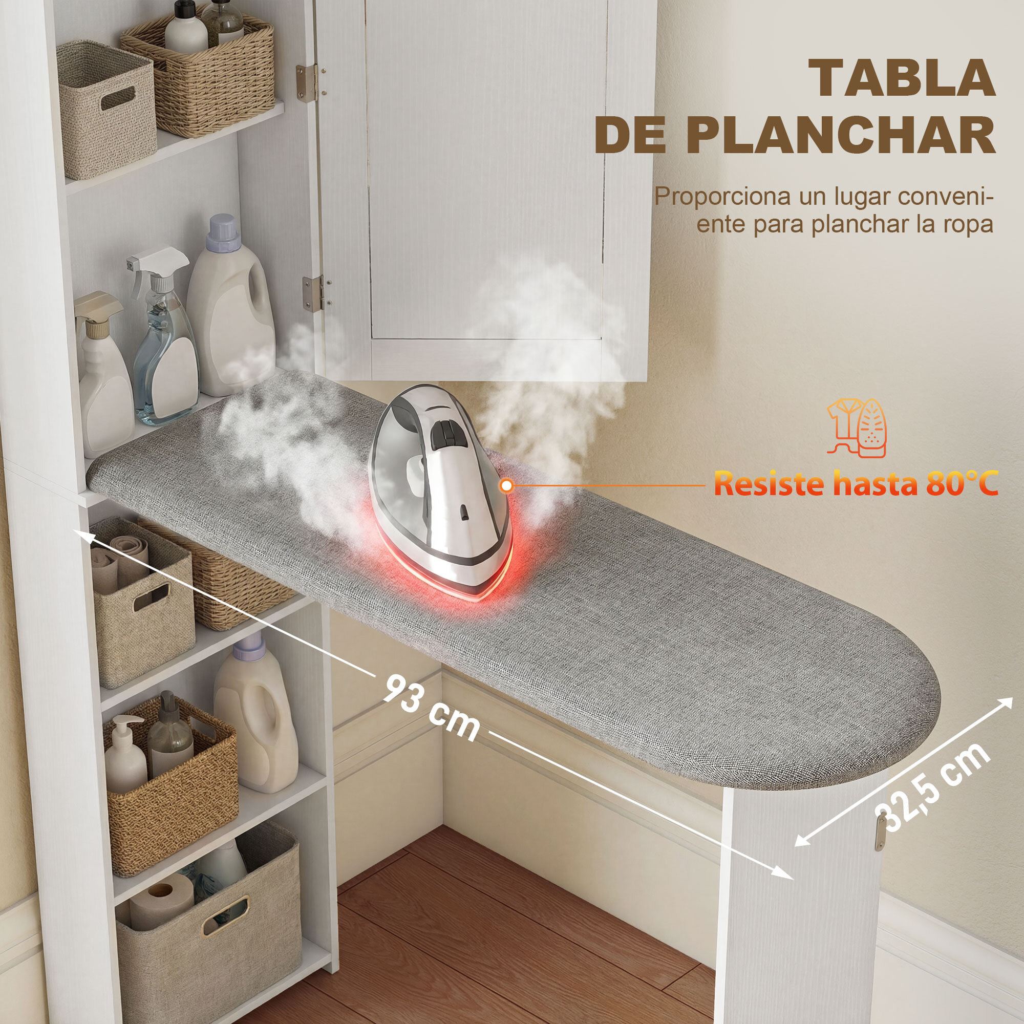 Mueble de Plancha con Espejo, Tabla de Planchar Plegable, Mueble Planchador con 6 Compartimentos, 2 Ganchos, para Espacios Reducidos, 107x35x174 cm, Blanco