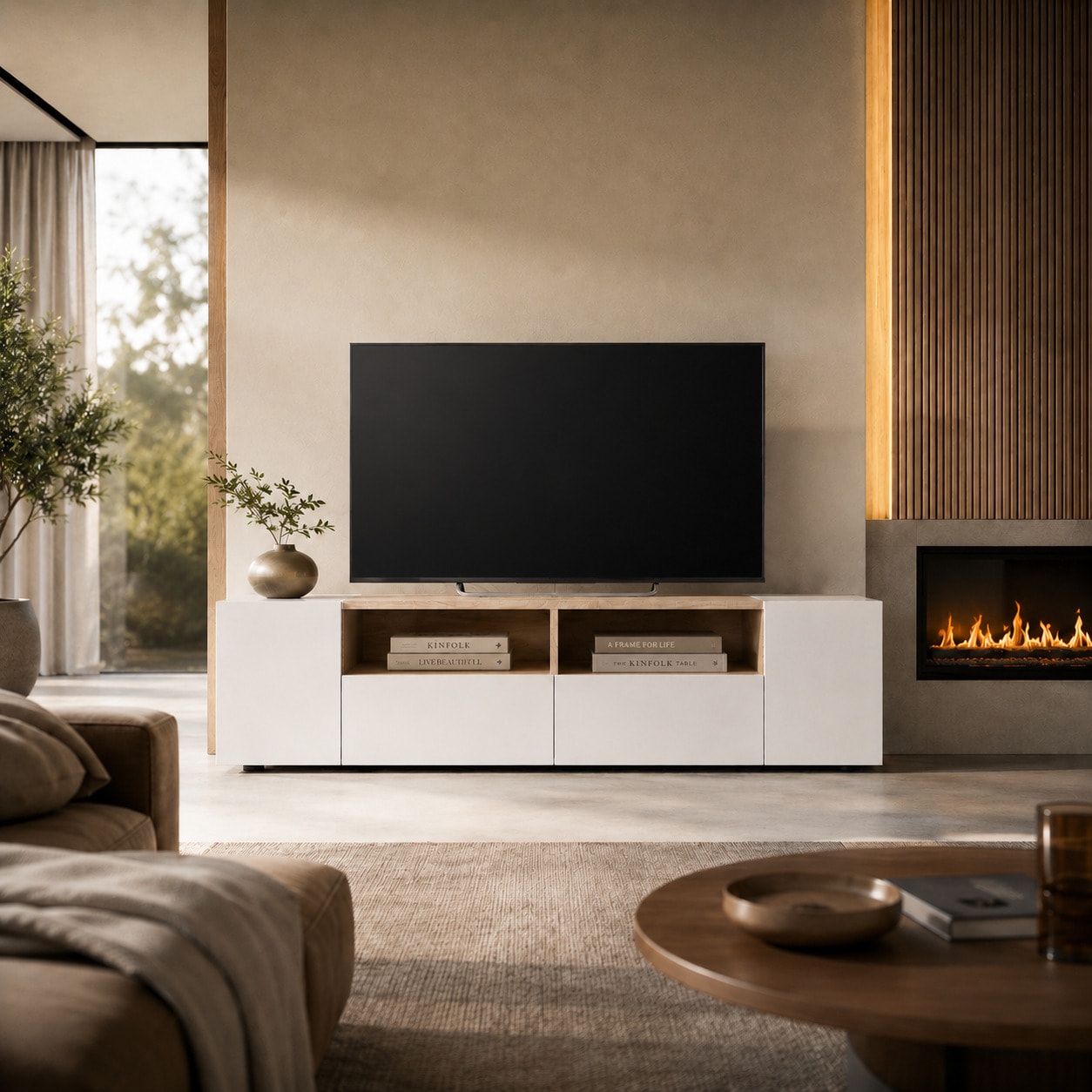 Mobile Porta TV Moderno Con Ante E Vani a Giorno Parete Attrezzata Salvaspazio Per Soggiorno Salotto Cameretta Camera 138x40.2x34 Cm Bianco E Rovere