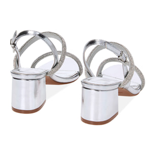 Sandali argento in laminato con pietre, tacco 5,5 cm