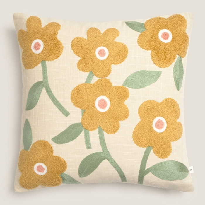 Funda de cojín algodón bordado floral Resita color amarillo 100% Algodón