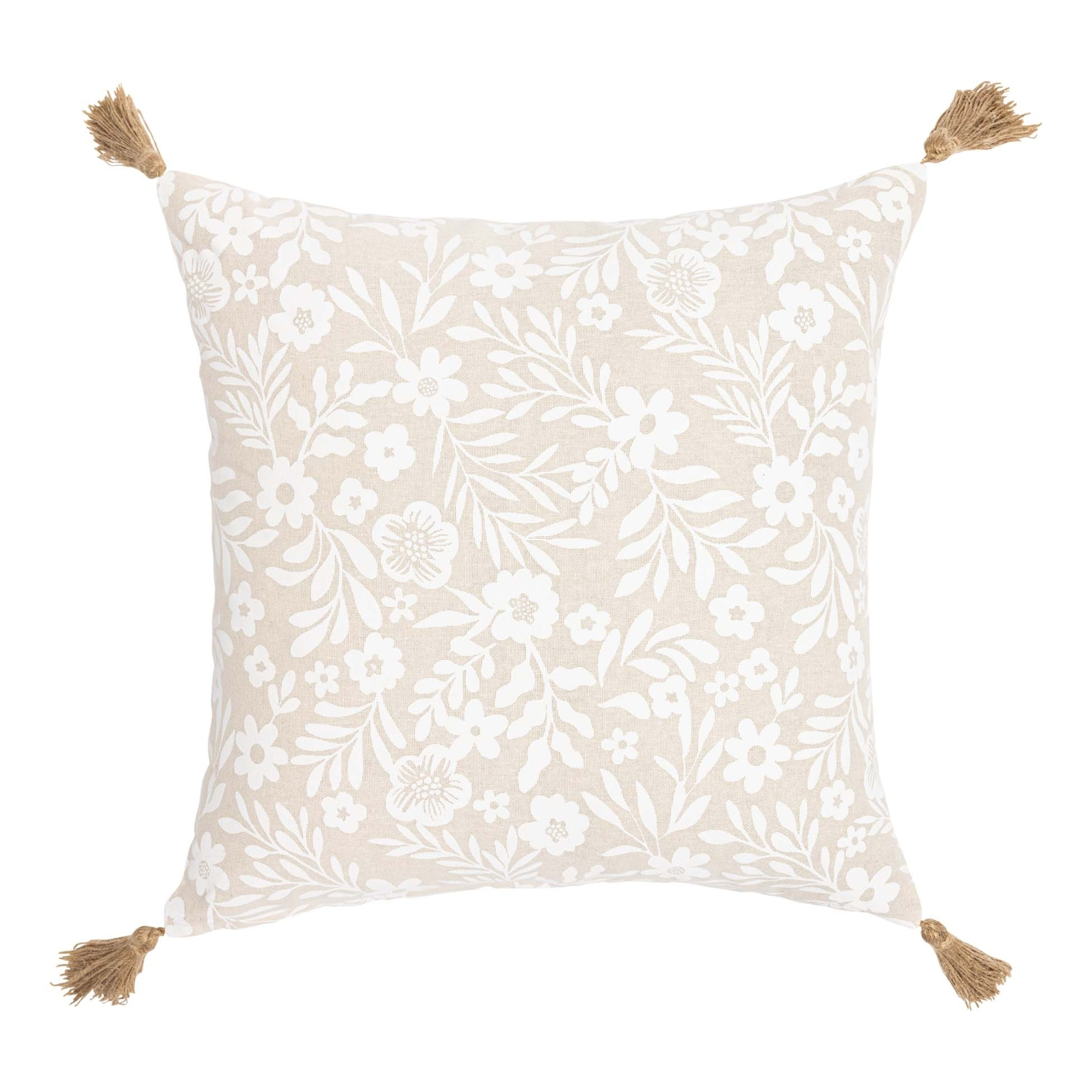 Coussin polycoton imprimé floral à pompons - Naturel
