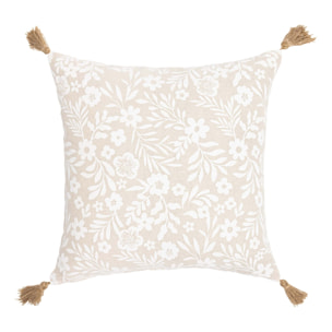 Coussin polycoton imprimé floral à pompons - Naturel