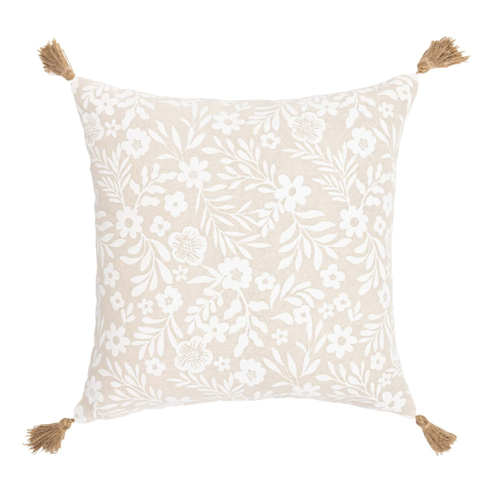 Coussin polycoton imprimé floral à pompons - Naturel