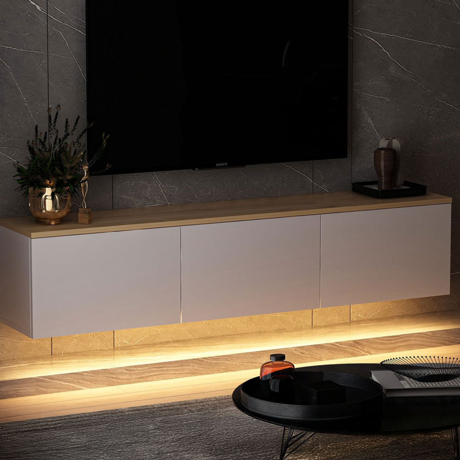 HAMPTON Meuble TV LED suspendu avec placards blanc et plateau bois 160cm