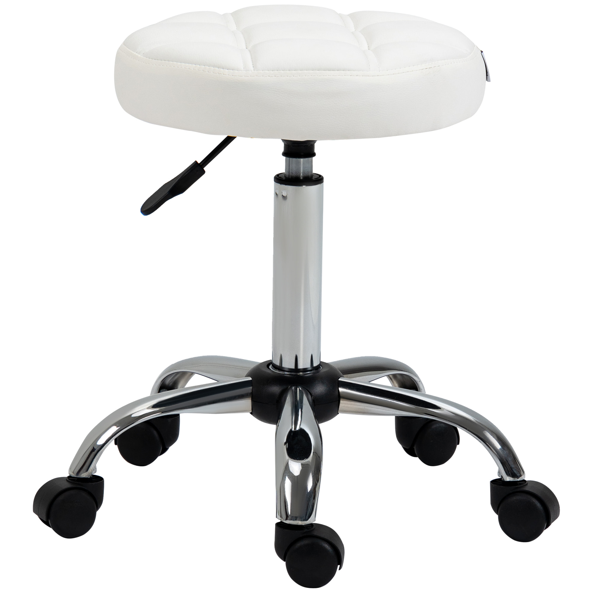 Taburete Giratorio con Ruedas Regulable en Altura de 48-63 cm Taburete de Trabajo Tapizado en Cuero PU para Peluquería Cosmética Dentista Diámetro Ø35,5 cm Blanco