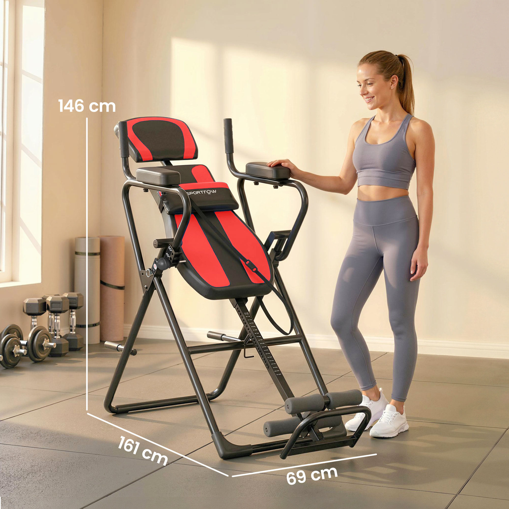 Tabla de Inversión Plegable 3 en 1 con Dominadas y Flexiones Reposacabezas Altura Ajustable 155-198 cm Ángulos 20° 40° 60° Banco de Inversión con Soporte Lumbar Tobillo Bloqueo Cinturón Rojo