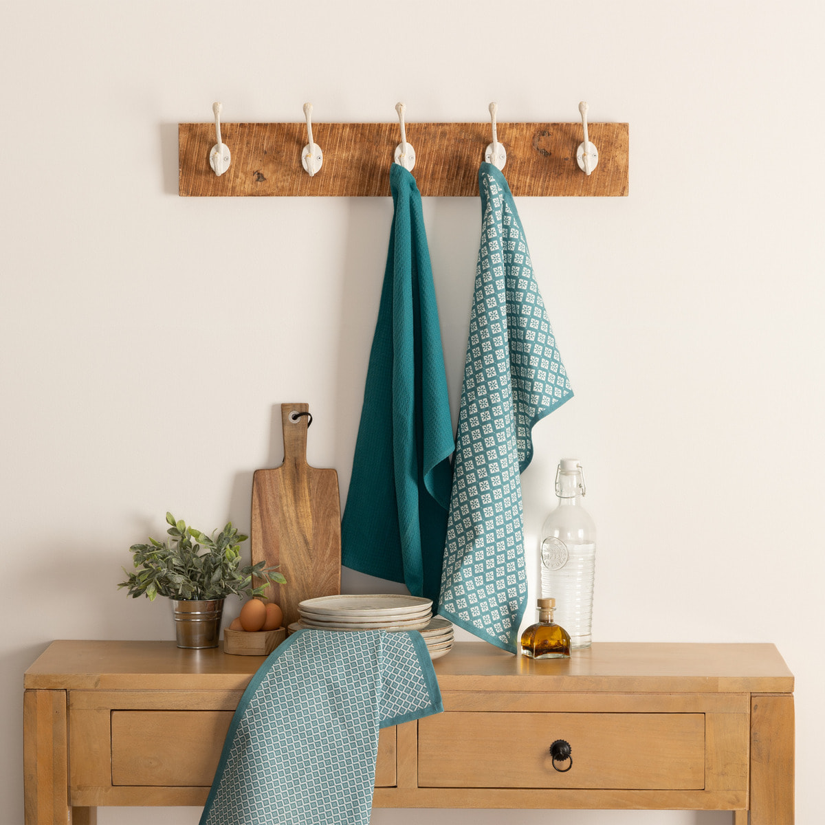 Lot de 3 torchons "Tikal" en coton bleu canard 45x70cm