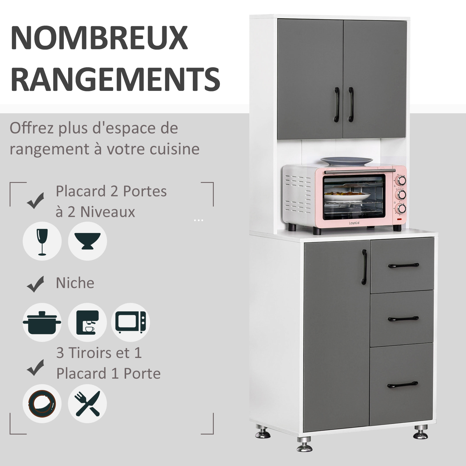 HOMCOM Armoire de cuisine multi-rangements 2 + 1 porte 3 tiroirs + grand plateau dim. 60L x 40l x 150H cm bicolore gris blanc