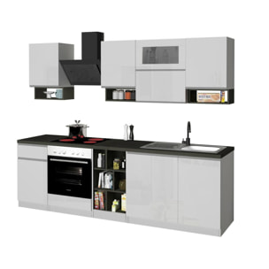 Cucina completa Dceccaron, Cucina pratica e salvaspazio, Parete da cucina con 8 ante e 1 cassetto, 100% Made in Italy, 255x60h85 cm, Bianco lucido e Ardesia