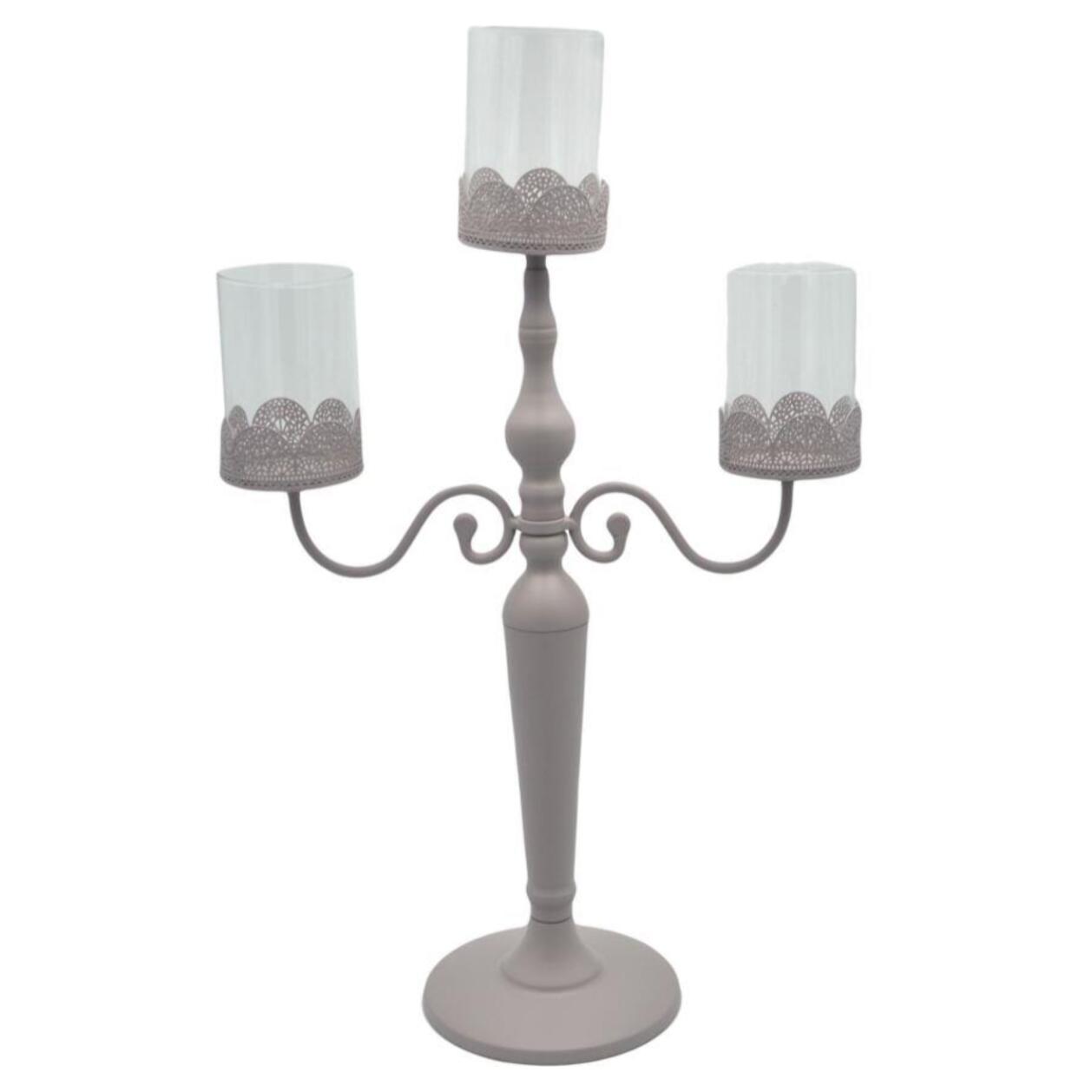 Candelabro in metallo tortora da 3 posti con vetro cm38x17h62