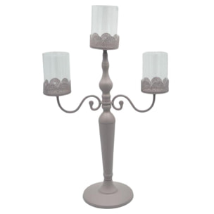 Candelabro in metallo tortora da 3 posti con vetro cm38x17h62