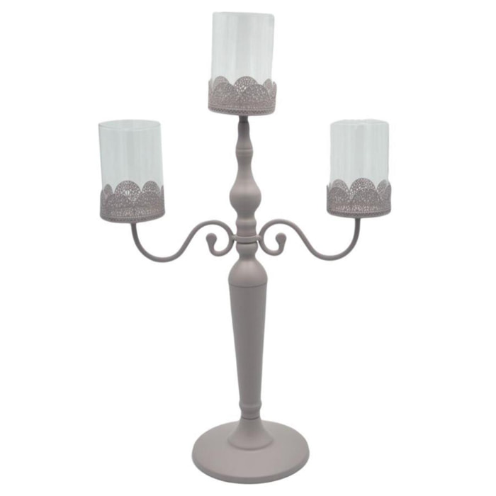 Candelabro in metallo tortora da 3 posti con vetro cm38x17h62