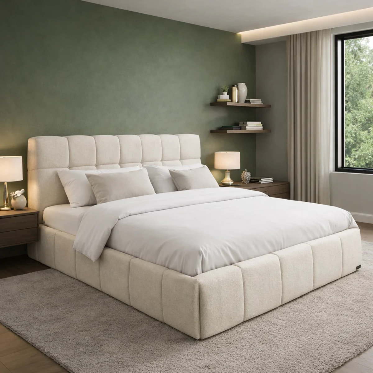 Lit coffre Aneto avec tête de lit en tissu chenille beige