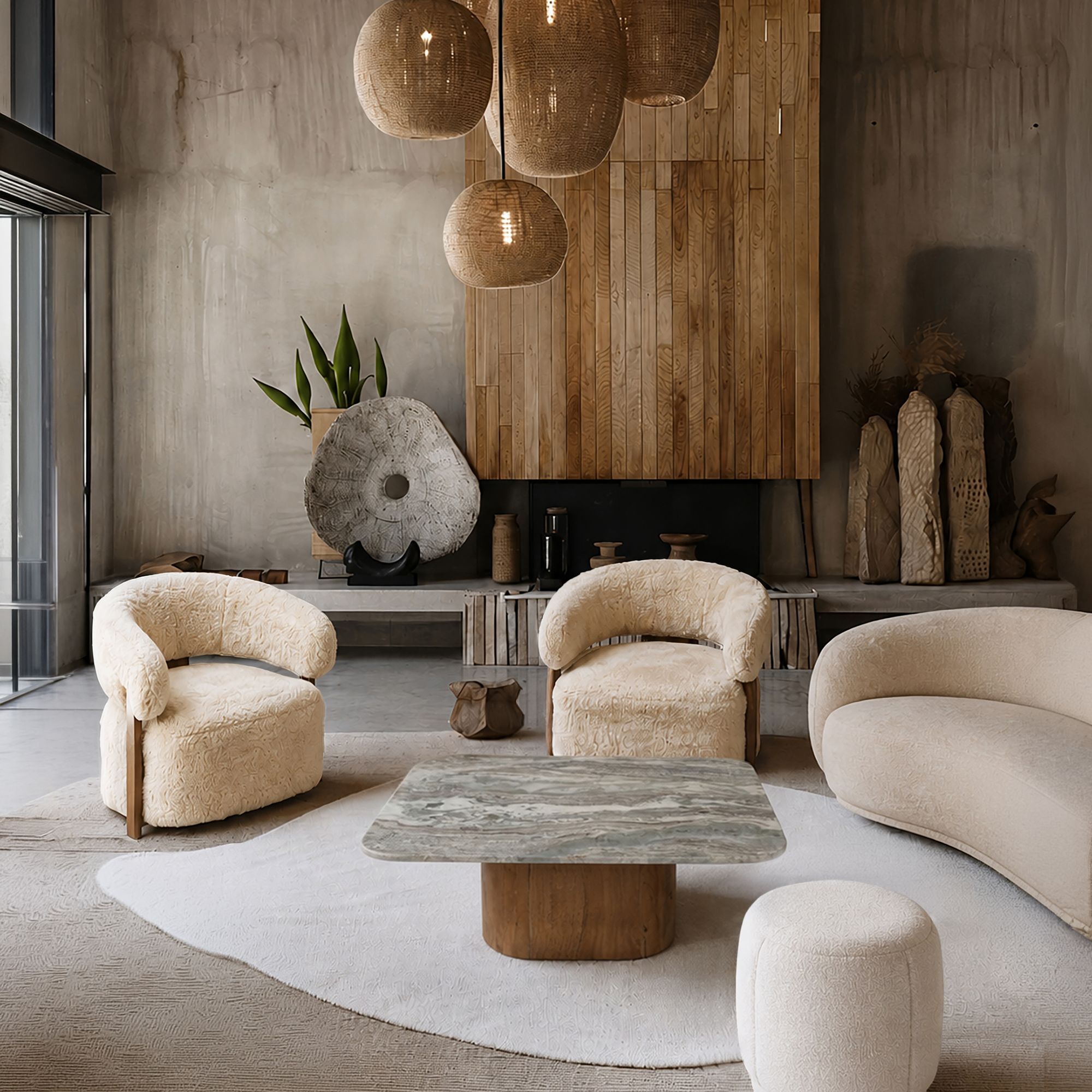 Fauteuil arrondi en tissu chenille effet fourrure écru NOUBIA
