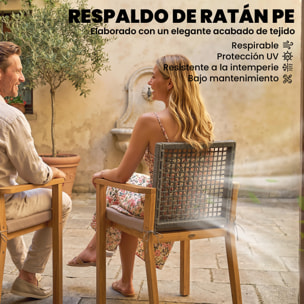 Juego de 2 Sillas de Jardín Exterior de Madera, Sillas de Jardín Apilables con Cojines Desmontables, Brazos, Respaldo de Ratán PE, Carga 160 kg, para Terraza, 59x55x86 cm, Madera Natural