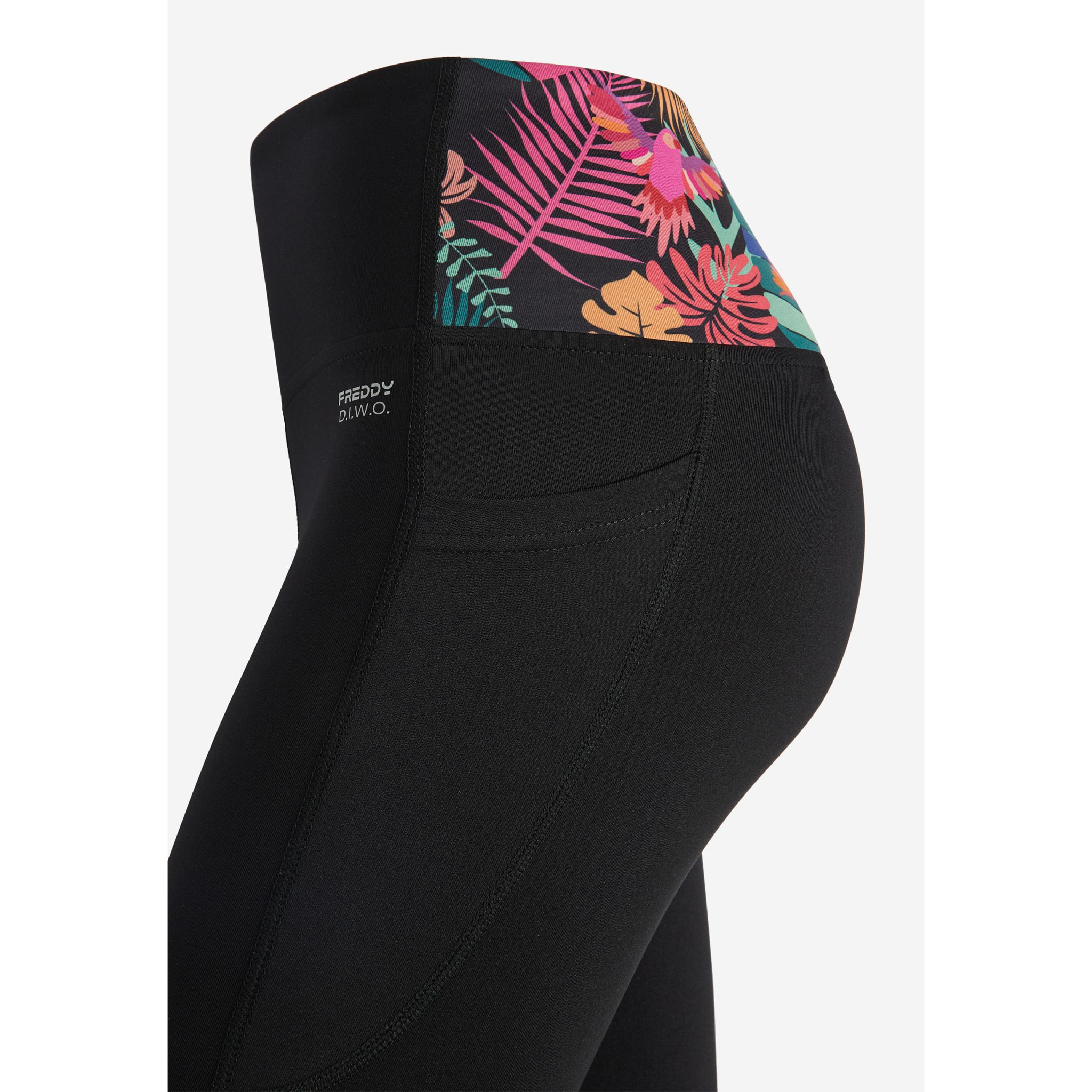 Leggings corsaro vita alta con inserti stampa tropicale