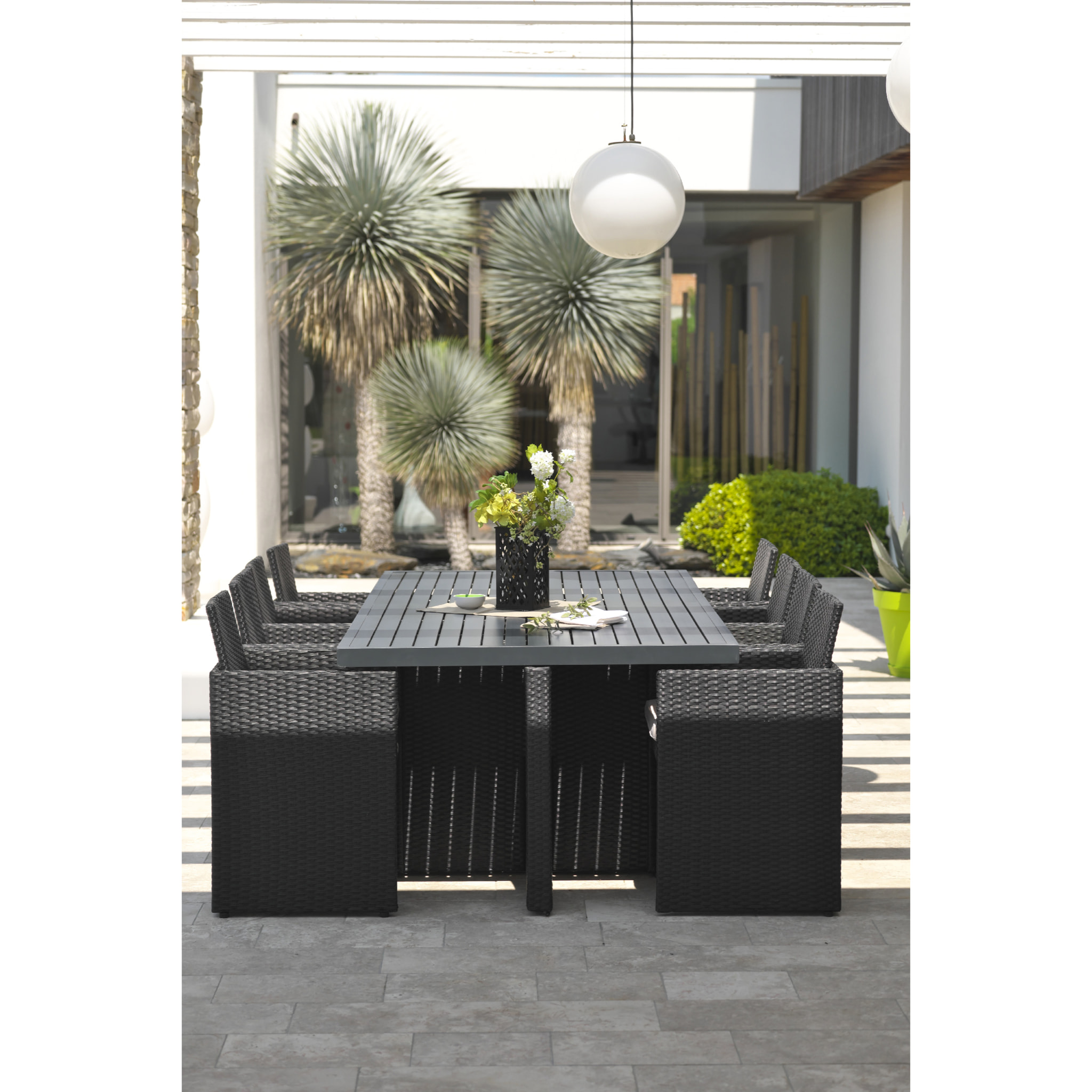 PVC-8-ALU - Ensemble repas encastrable 8 places résine tressée noire