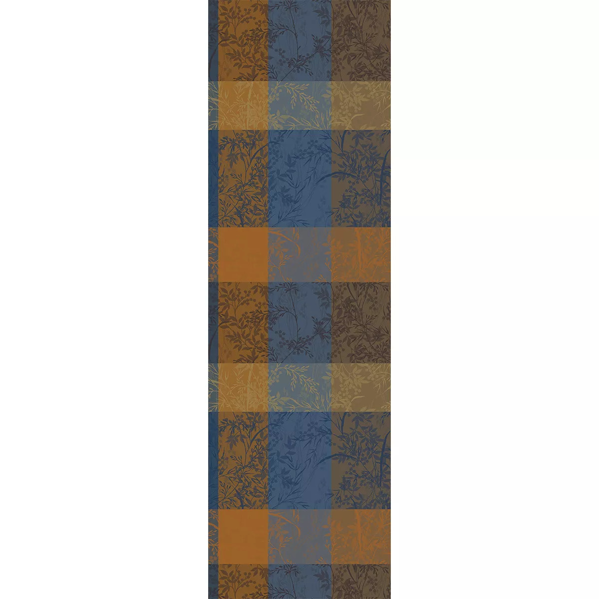 Chemin de table pur coton 220 g/m² motif jacquard bleu brun Mille branchages crepuscule