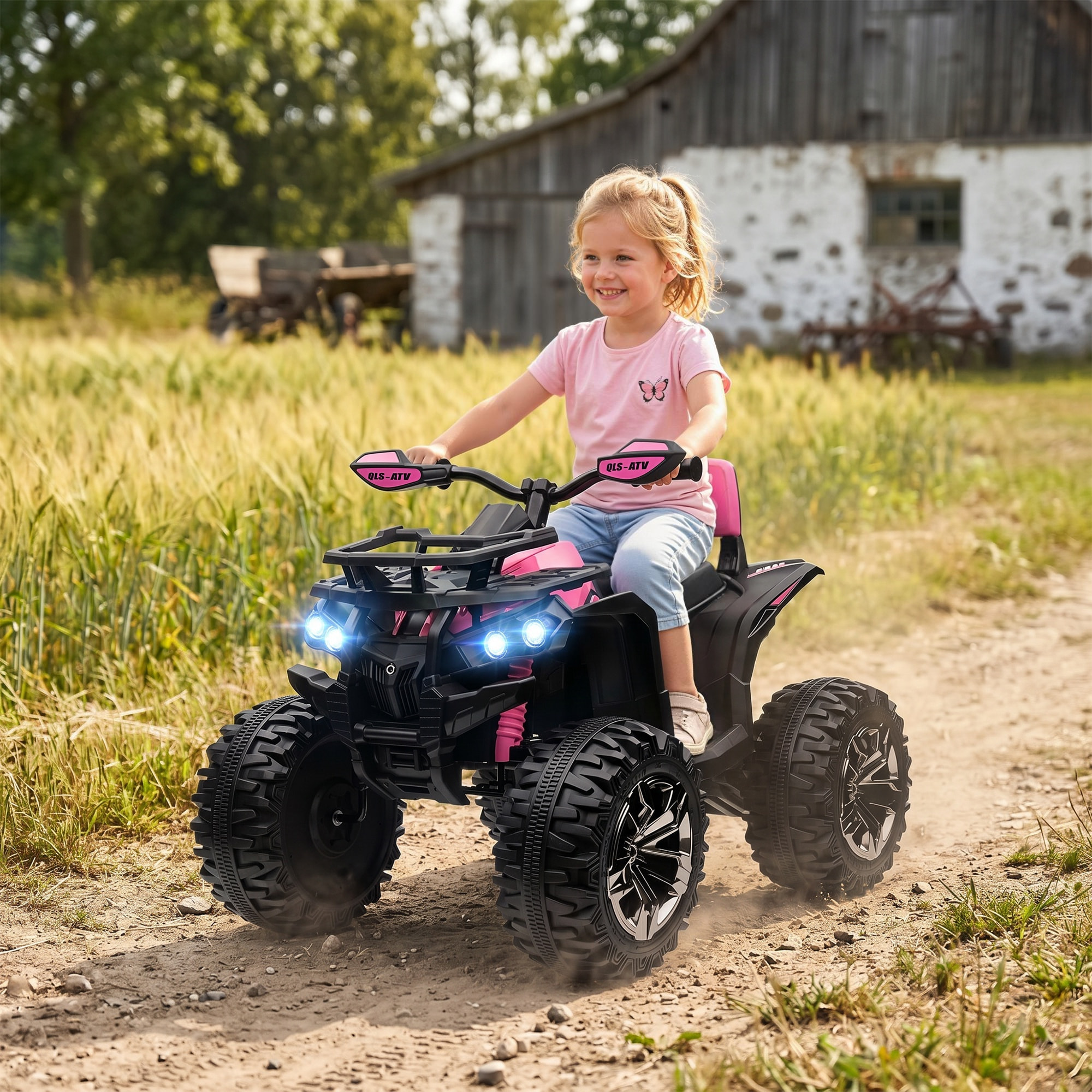 HOMCOM Quad Eléctrico para Niños 12V 10AH, Quad para Niños de 3–5 Años con 2 Motores, Suspensión, Arranque Suave, 3-8 km/h, Música, Faros LED, MP3, USB, Tarjeta TF, Pedal, Avance y Retroceso, Rosa