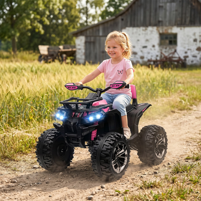 HOMCOM Quad Eléctrico para Niños 12V 10AH, Quad para Niños de 3–5 Años con 2 Motores, Suspensión, Arranque Suave, 3-8 km/h, Música, Faros LED, MP3, USB, Tarjeta TF, Pedal, Avance y Retroceso, Rosa