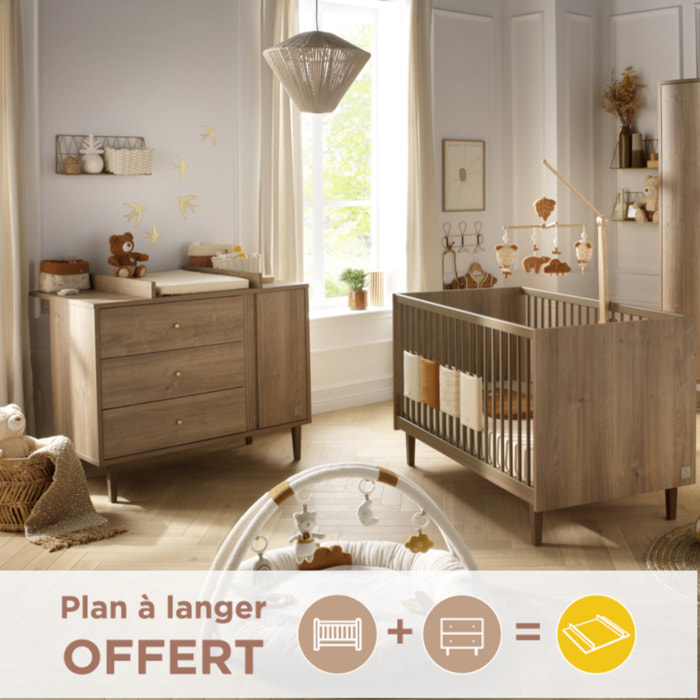 Chambre bébé évolutive Mokka, Lit 140x70 évolutif et Commode à langer - Chêne Mokka