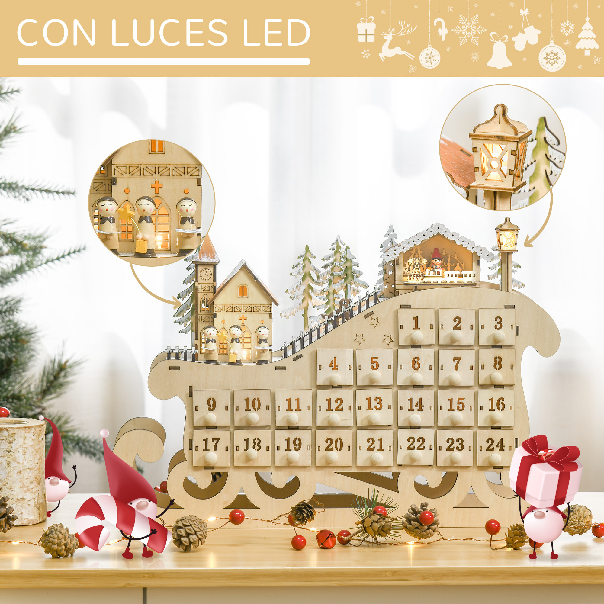 Calendario de Adviento de Navidad Madera con 24 Cajones y Luces LED Decoración Navideña Modelo Trineo 45x10x31 cm Madera Natural