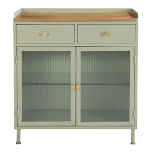 Buffet 2 portes 2 tiroirs en métal vert, manguier et verre - Marnie