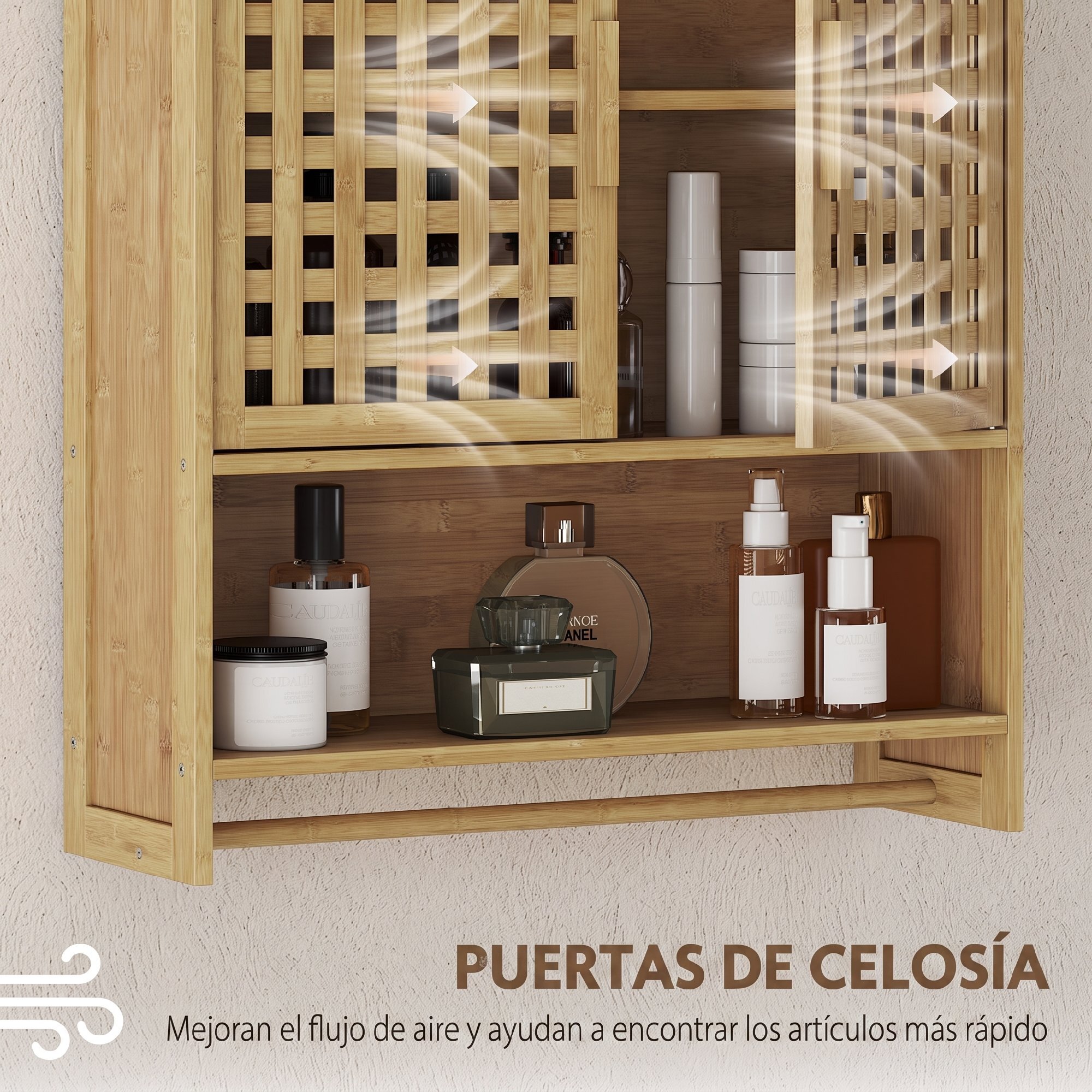 Armario de Baño de Pared de Bambú, Mueble de Baño Colgar con 2 Puertas de Celosía, Estante Abierto y Estante Ajustable, para Cocina, Lavadero, Natural