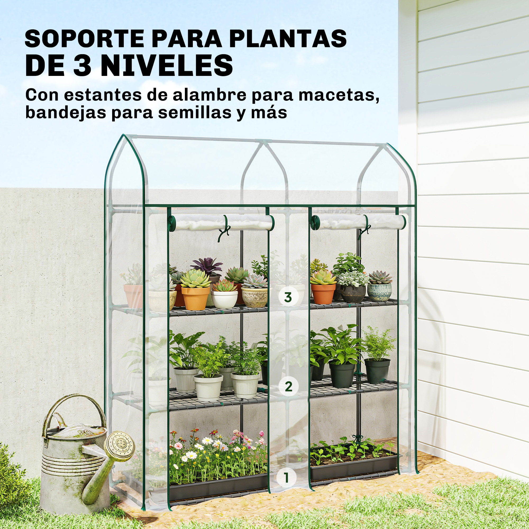 Invernadero Pequeño de 3 Niveles, Invernadero de Exterior con 2 Puertas Enrollables, Marco de Acero y Cubierta de Plástico Anti-UV para Cultivar Plantas, Flores, 143x46x165 cm, Transparente