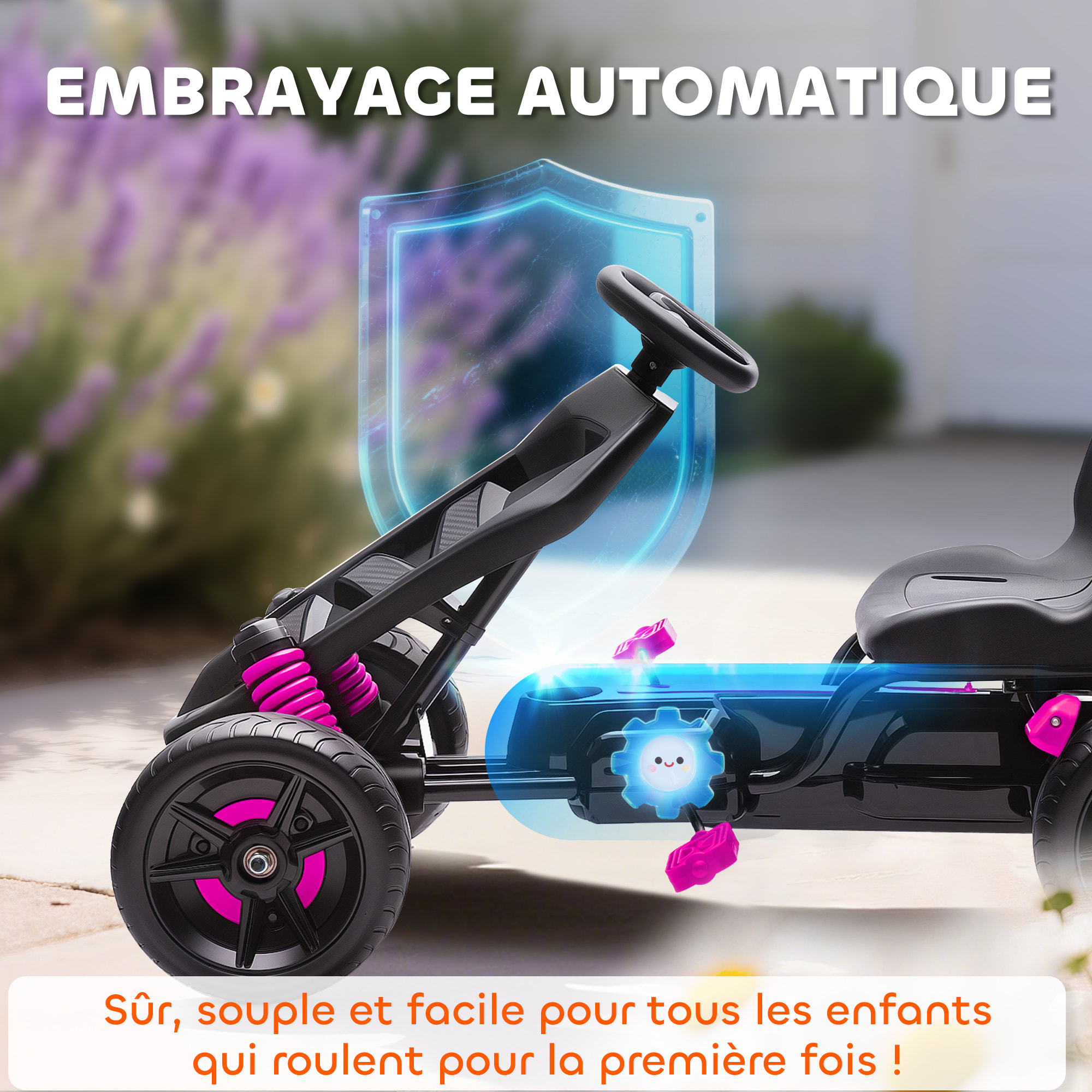 Kart à pédales enfant - Go Kart - carter chaine fermé - marche AV AR - métal plastique noir rose